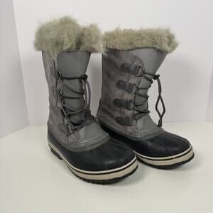 Sorel Boots Girls 5 Gray Black Suede Joan of Arctic Duck Winter Snow Faux Fur